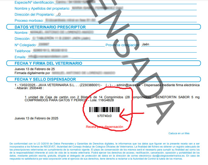 Ubicación del número de receta